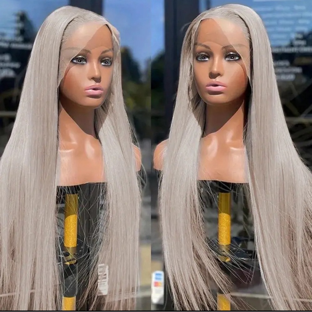 Light Grey Lace Front Long Straight Hair Silver Grey Wig 30 inches